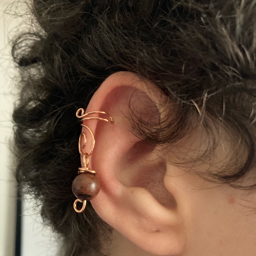 New Handcrafted Wire Ear Cuff With Mahogany Jasper Crystal Stone Bead Charm